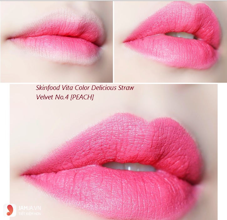 son môi màu hồng cánh đào-Son Skinfood Vita Color Delicious Straw Velvet no 4 Peach
