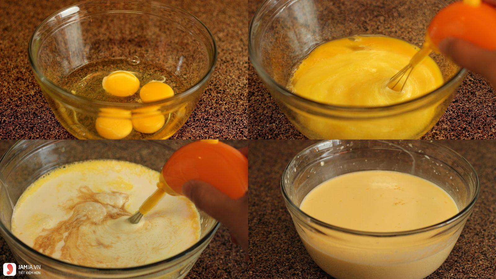Lọc hỗn hợp trứng sữa để làm bánh flan qua rây
